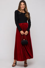 Red Velvet Knit Drawstring Maternity Maxi Skirt