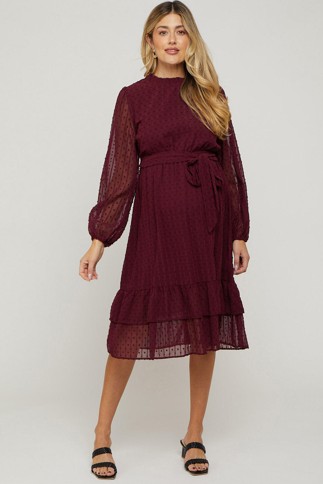 Burgundy Swiss Dot Ruffle Accent Maternity Midi Dress – PinkBlush