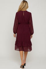 Burgundy Swiss Dot Ruffle Accent Maternity Midi Dress