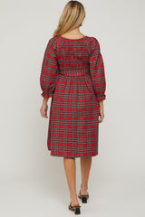 Red Plaid Smocked A-Line Maternity Midi Dress