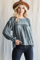 Charcoal Washed Raglan Bubble Sleeves Top