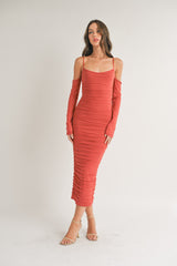 Rust Mesh Ruched Long Sleeve Midi Dress