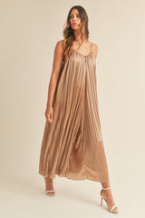 Mocha Pleated Wide Leg Sleeveless Jumpsuit