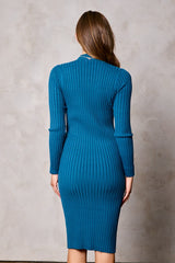 Teal Ribbed Mock Neck Sweater Dress