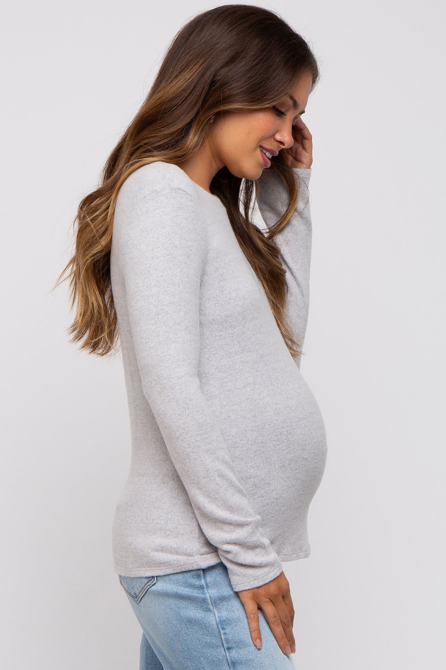 Heather Grey Soft Brushed Maternity Long Sleeve Top– PinkBlush