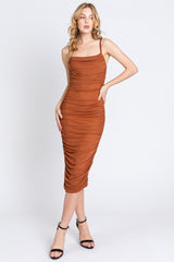 Rust Ruched Mesh Square Neck Maternity Midi Dress