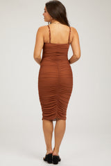 Rust Ruched Mesh Square Neck Maternity Midi Dress