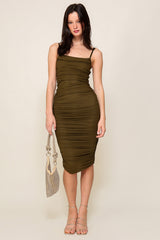 Olive Ruched Mesh Square Neck Midi Dress