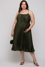 Forest Green Pleated Sleeveless Waist Tie Maternity Plus Maxi Dress