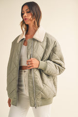 Light Olive Quilted Sherpa Collar Maternity Jacket