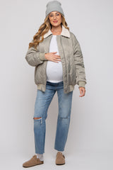 Light Olive Quilted Sherpa Collar Maternity Jacket