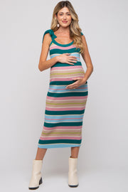 Teal Striped Sweater Knit Shoulder Tie Maternity Midi Dress