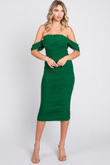 Forest Green Ruched Off Shoulder Dress