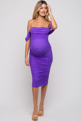 Purple Ruched Off Shoulder Maternity Dress