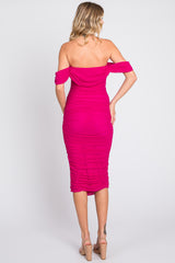 Fuchsia Ruched Off Shoulder Dress