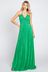 Green Plisse Halter Back Tie Maternity Maxi Dress