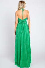 Green Plisse Halter Back Tie Maxi Dress