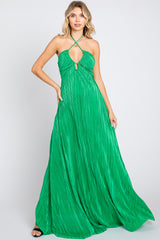 Green Plisse Halter Back Tie Maxi Dress