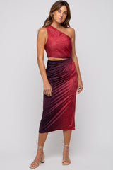 Burgundy One Shoulder Side Cutout Ruched Maternity Midi Dress