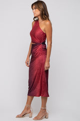 Burgundy One Shoulder Side Cutout Ruched Midi Dress