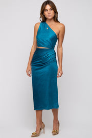 Teal One Shoulder Side Cutout Ruched Midi Dress