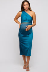 Teal One Shoulder Side Cutout Ruched Maternity Midi Dress