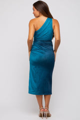 Teal One Shoulder Side Cutout Ruched Maternity Midi Dress