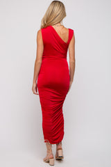 Red Asymmetrical Ruched Maternity Midi Dress