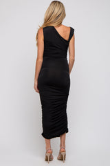 Black Asymmetrical Ruched Maternity Midi Dress