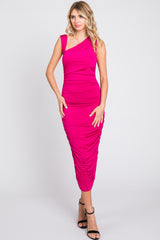 Magenta Asymmetrical Ruched Maternity Midi Dress