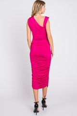 Magenta Asymmetrical Ruched Midi Dress