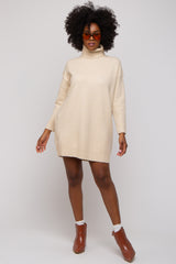 Beige Turtleneck Maternity Sweater Mini Dress