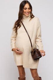 Beige Turtleneck Maternity Sweater Mini Dress