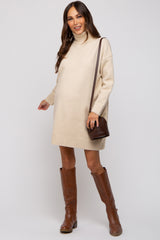 Beige Turtleneck Maternity Sweater Mini Dress