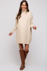 Beige Turtleneck Maternity Sweater Mini Dress