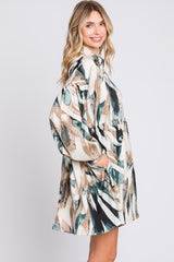 Forest Green Print Button Down Puff Sleeve Dress