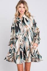 Forest Green Print Button Down Puff Sleeve Dress