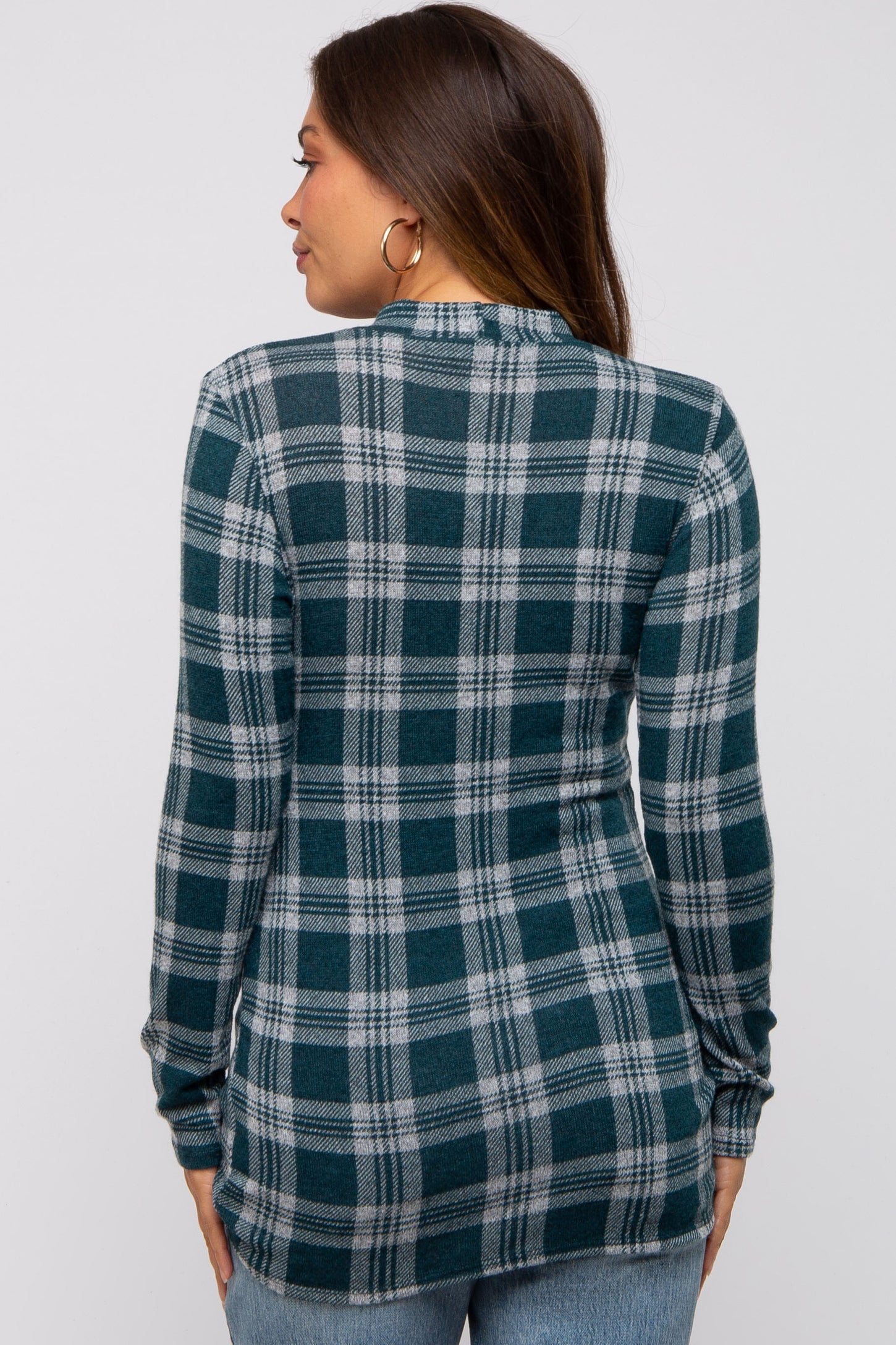 Plaid Long-Sleeve Crop Belly Maternity Top in Blue