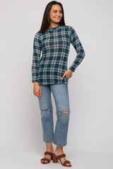 Green Plaid Mock Neck Brushed Long Sleeve Top