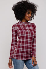 Burgundy Plaid Mock Neck Brushed Long Sleeve Top