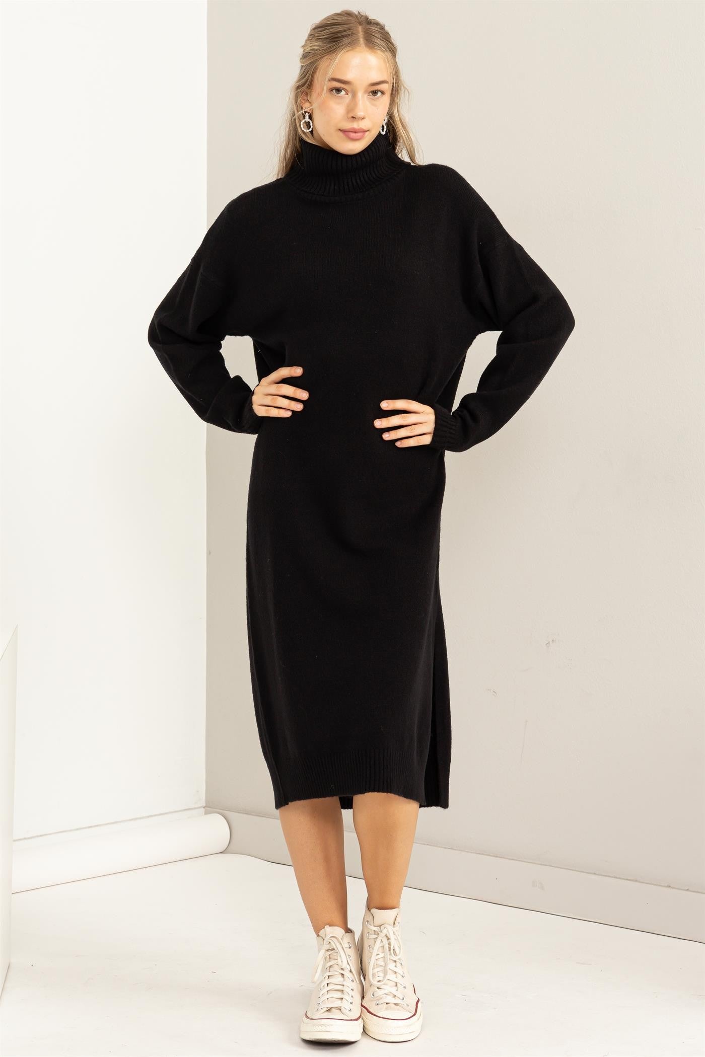 Black Turtleneck Side Slit Sweater Midi Dress– PinkBlush