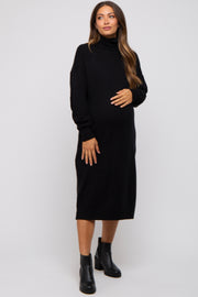 Black Turtleneck Side Slit Sweater Maternity Midi Dress