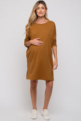 Brown Long Sleeve Maternity Shirt Dress