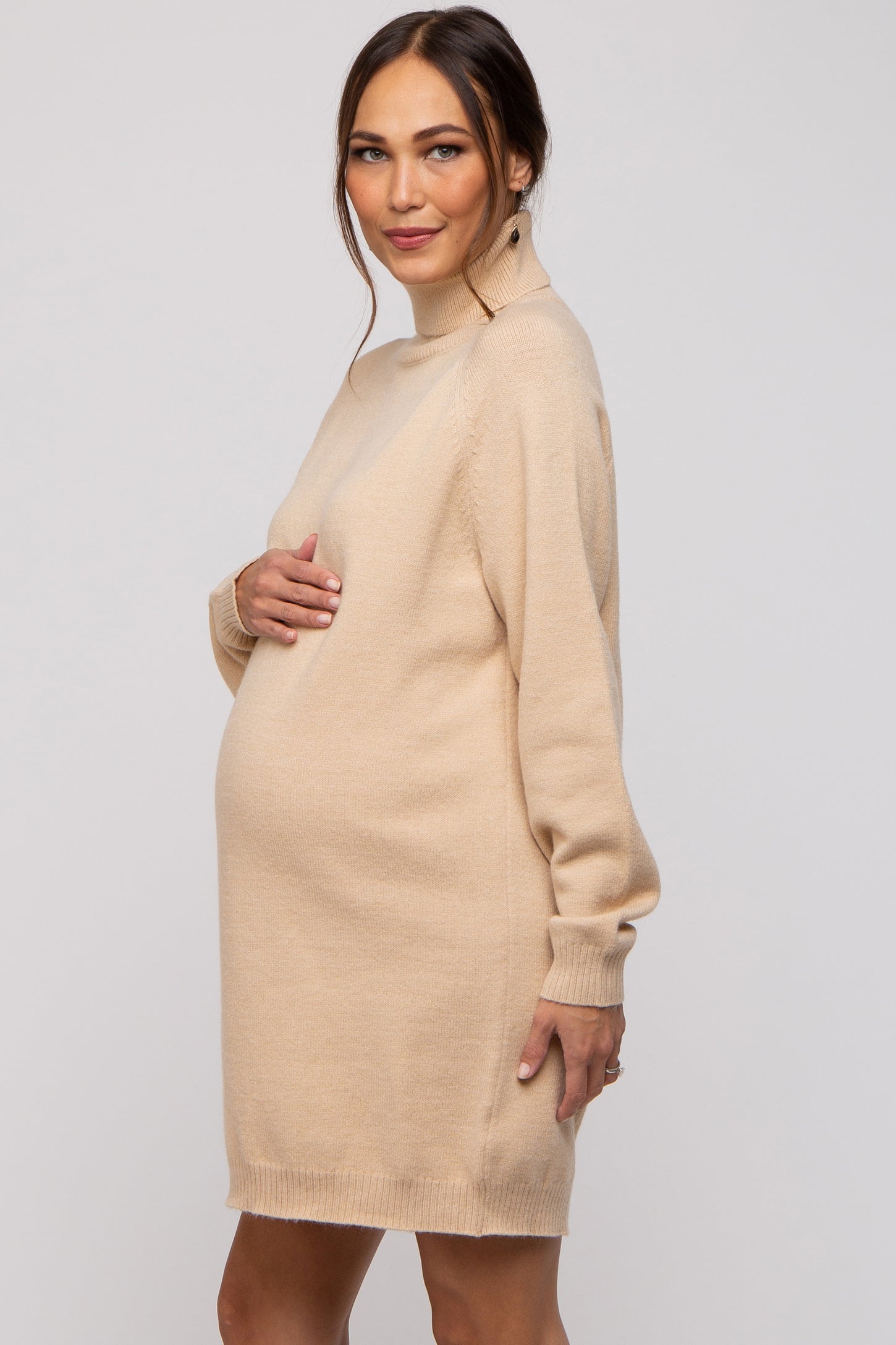 Beige Knit Long Sleeve Turtleneck Maternity Sweater Dress– PinkBlush