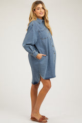 Blue Denim Button Up Front Pocket Maternity Dress