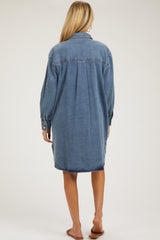 Blue Denim Button Up Front Pocket Maternity Dress