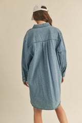 Blue Denim Button Up Front Pocket Dress