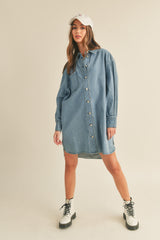 Blue Denim Button Up Front Pocket Dress