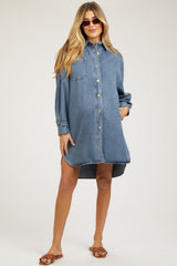 Blue Denim Button Up Front Pocket Maternity Dress