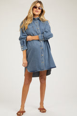 Blue Denim Button Up Front Pocket Maternity Dress